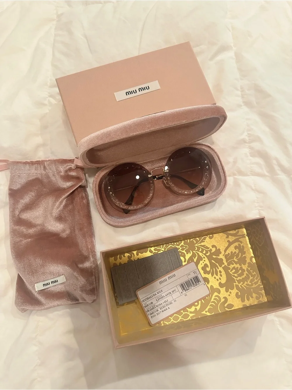 Miu Miu SMU10R Pink Glitter Round Sunglasses w/ Box & Case